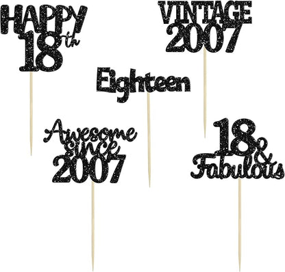 Gyufise 30Pcs Vintage 2007 Cupcake Toppers Glitter Eighteen Happy 18th Cupcake Picks Happy 18th Birthday Cake Decorations for Happy 18th Birthday Fabulous Anniversary Party Supplies Black