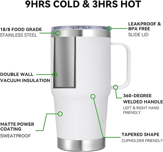 20 oz Stainless Steel Tumbler with Handle Bulk Metal Insulated Tumblers Travel Coffee Mug with Handle Double Wall Tumbler Cup with Lid and Straw, White 12 Pack