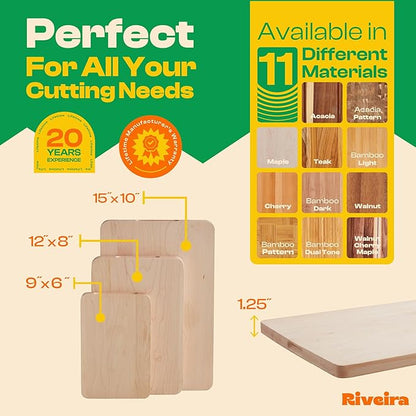 Riveira Maple Wood Cutting Board – Versatile and Durable: Set Of 3 Pcs Rectangular Wooden Cutting Board – Natural Wooden Cutting Boards For Kitchen – Complete Maple Wooden Chopping Board