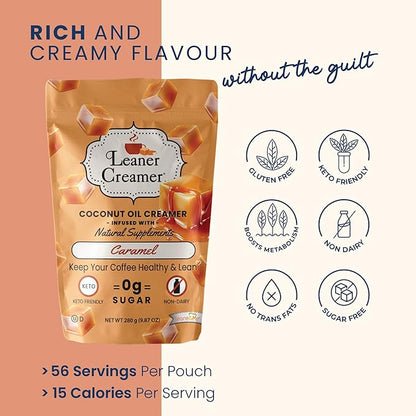 Leaner Creamer Coconut Creamer with Superfood Ingredients – Non-Dairy, Sugar-Free, Keto, Gluten-Free Powdered Coffee Creamer – Caramel – 280g