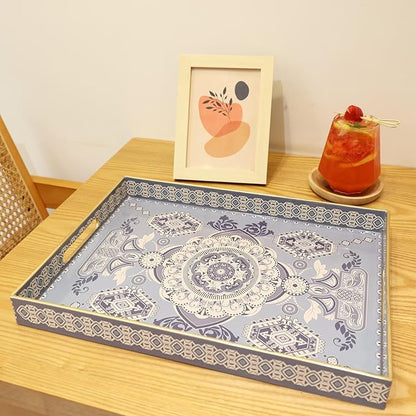 Rectangle Plastic Serving Tray with Handles, Elegant Decorative Tray for Coffee Table, Ottoman, Living Room, Kitchen, Outdoor Use. 12"*16"*1.6" B