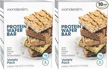 WonderSlim Protein Wafer Snack Bar, Variety Pack, 15g Protein, 5 Flavors, 0mg Cholesterol (5ct) (Pack of 2)