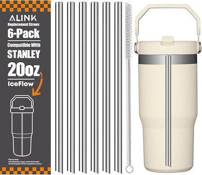 ALINK Stainless Steel Straws Compatible with Stanley Iceflow 20oz Flip Tumbler, 6 Pack Reusable Metal Straws for Stanley Ice Flow 20oz Cup Lid Only, Plus Straw Cleaner Brush