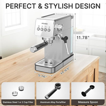 Espresso Machine with Steam Milk Frother,20 Bar Stainless Steel Coffee Maker for Latte & Cappuccino,Detachable Water Tank/Drip Tray, Hot Water Function for Home & Office Use