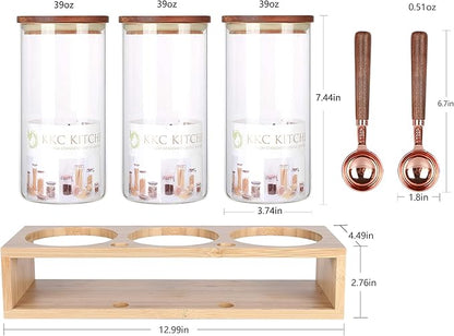 KKC HOME ACCENTS Sealed Glass Food Storage Containers with Airtight Wood Lids and Scoops for Kitchen Counter,Air Tight Sealed Glass Jars for Coffee,Loose Leaf Tea,Brown Sugar,39 Fluid Ounces