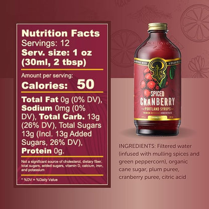 Portland Syrups Spiced Cranberry Syrup - Drink Mixer for Crafting Cocktails, Mocktails, & Seasonal Beverages - Flavor Enhancer for Soda, Punch, and Mulled Drinks - 12 oz Bottle, 24 Servings, Pack of 2