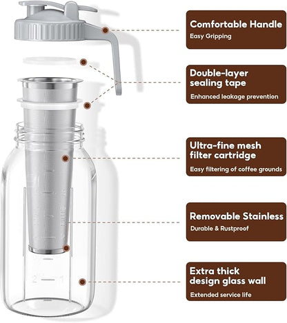 Cold Brew Coffee Maker Jar - 2 Pack 64 oz/32 oz Glass Cold Brew Maker with Handle, Stainless Steel Filter & Leak-Proof Lid, Heavy Duty Cold Brew Pitcher for Iced Coffee, Sun Tea, and Milk