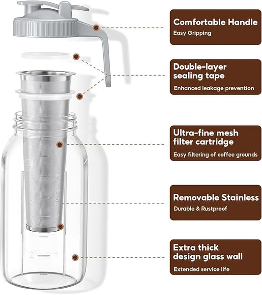Cold Brew Coffee Maker Jar - 2 Pack 64 oz/32 oz Glass Cold Brew Maker with Handle, Stainless Steel Filter & Leak-Proof Lid, Heavy Duty Cold Brew Pitcher for Iced Coffee, Sun Tea, and Milk