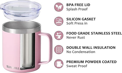 SUNWILL Insulated Coffee Mug with Lid, Travel Tumbler Reusable, 14 oz Stainless Steel Cup for Camping, Office, Home, Powder Coated Sakura