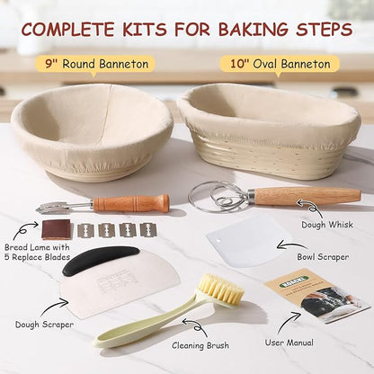 Sourdough Starter Kit, 9" Round & 10" Oval Banneton Proofing Bread Baskets Set, Sourdough Bread Baking Supplies for Beginner and Professional Bakers
