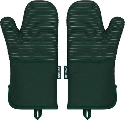 Beneno Kitchen Oven Mitts 2-Pack Heat Resistant to 500°F with Non-Slip Silicone Grip, Extra Long 14.3" Forearm Protection, Soft Quilted Cotton Terry Lining, Ideal for Cooking, Baking, Grilling, Green