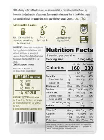 Sweet Logic Keto Dessert Mug Cake Mixes - Lemon Poppyseed - Low Sugar - Gluten-Free - Low Carb - Diabetic-Friendly Sweets - Natural Ingredients - High Protein - Delicious Keto Treats (4 Pack)