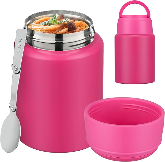 Soup Thermo for Hot Food Kids 16oz Insulated Food Jar Leakproof Thermo Lunch Container for Kids Wide-Mouth Stainless Steel Lunch Box for School with Handle Folding Spoon(3+)