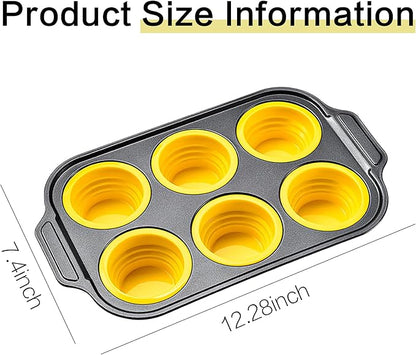 Silicone Muffin Pan for Baking with Metal Frame, 6 Cup Muffin Pan Molds, Non Stick Baking Tray for Ovens, Bakeware with Press to Release Design, Egg Bites Silicone Mold, Dishwasher & Oven Safe, Yellow