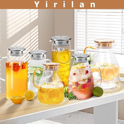 Yirilan Glass Pitcher, 3 Liter Water Carafe With Lid, Iced Tea Pitcher for Fridge