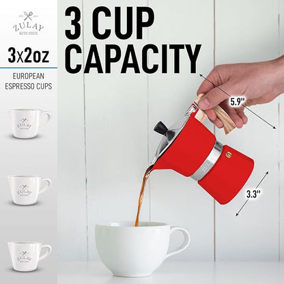 Zulay Kitchen Stovetop Espresso Maker - Moka Pot 3 Espresso Cups - Percolator Coffee Maker for Classic Cuban & Italian Style Espresso - Portable Coffee Maker for Camping & Travel - (Red)