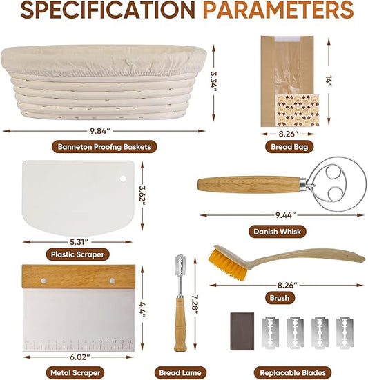 Bread Proofing Basket Set, Oval 10" Sourdough Proofing Basket for Bread Making Tools and Supplies, Sourdough Bread Baking Supplies, Ideal Basket Gift Set for Artisan Bakers