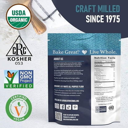 Great River Milling Lily White Organic All-Purpose Flour | Unbleached & Unbromated | Non-GMO, Kosher | Ideal for Bread, Cookies, Cakes, Pizza Dough & Everyday Baking | 2 Lb