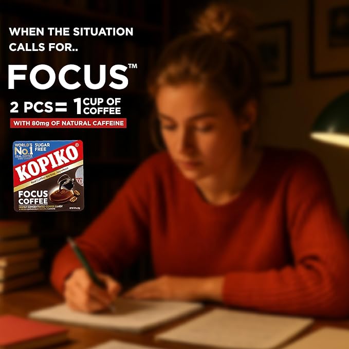 Kopiko Focus Coffee Candy – Have 80mg Caffeine per 2 Pieces for Energy & Mental Focus – Sugar-Free Hard Candy with Real Indonesian Coffee Extract (12 Pack w/4 Candies Each)