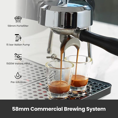 Owl Espresso Machine, 15 Bar Professional Semi-Automatic Espresso Maker with Milk Frother Steam Wand & 57oz Removable Water Tank, Dual Display, for Cappuccino, Latte, G3006, Stainless Steel