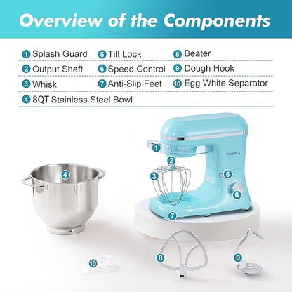 Aucma Stand Mixer, 900W 8QT Large Kitchen Mixer, Kitchen Electric Mixers with Dough Hook, Wire Whip & Beater (Blue, 8QT)