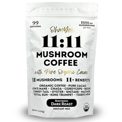 Organic Mushroom Coffee with Cacao – 11x Adaptogenic Mushrooms for Focus, Clarity & Energy – Lion’s Mane, Reishi, Chaga + Nootropic Superfood by OhmYes (7oz) - 99 Servings