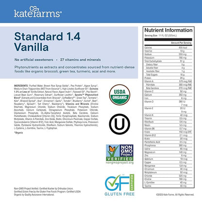 KATE FARMS Organic 1.4 High Calorie Nutrition Shake, Vanilla, 20g Protein, 27 Vitamins and Minerals, Meal Replacement, Protein Shake, 11 oz (12 Pack)