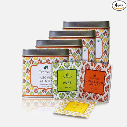 Octavius Green Tea Variety Pack | 3 Assorted Green Teas – Lemon Honey, Cinnamon Anise & Pure Green | 25 Tea Bags Each | Detox & Antioxidant-Rich | Tea Sampler Pack | Pack of 4