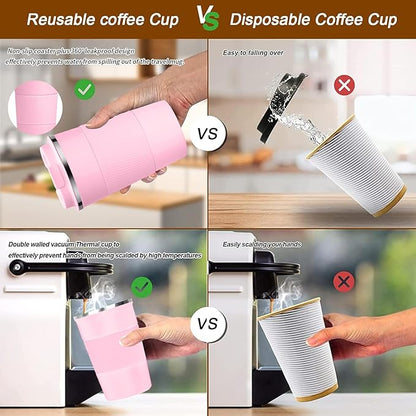 YINBAOGE Insulated Travel Coffee Mug Spill Proof Leak Proof Pobtable To Go Camping Stainless Steel Coffee Tumbler Reusable Coffee Cups with Lids Thermos for Hot and Cold Drink (Pink, 17 OZ)
