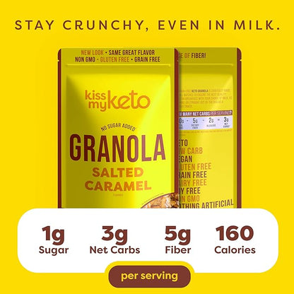 Kiss My Keto Sugar Free Granola, Salted Caramel 4-Pack – Curb Cravings with Few Net Carbs – Allulose Sweetened, Resealable & Gluten-Free Crunchy Clusters – Grain Free Granola Great With Yogurt or Milk