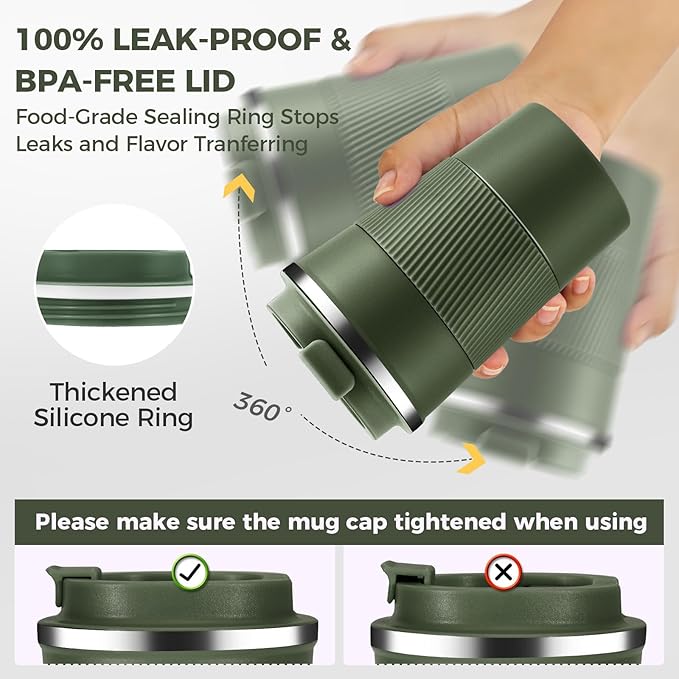 Volhoply 13 oz Stainless Steel Insulated Travel Coffee Mug with Fip Lid Bulk 2 Pack,Reusable Double Wall Vacuum Metal Coffee Cup,Portable Leak Proof Thermal Tumbler for Hot & Cold Drinks(Army Green,2)