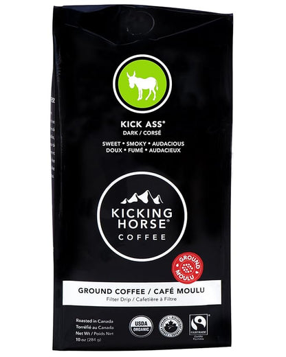 Kicking Horse Coffee Kick Ass Dark Roast Ground (10 Oz) and Smart Ass Medium Roast Whole Bean (10 oz) Bundle