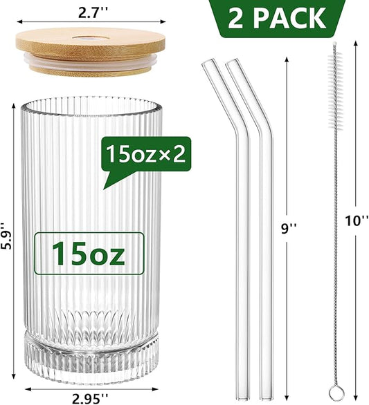 15 Oz Glass Cups with Lid and Straw, Iced Coffee Cups with Lid, Vintage Glassware for Whiskey Cocktail Beer (2 PACK)
