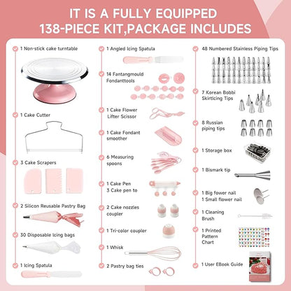 Cake Decorating Kit, 138pcs Cake Decorating Supply with Aluminium Cake Turntable, 64 Numbered Icing Piping Tips, 2 Spatulas, 3 Icing Comb Scraper and Leveller, 32 Piping Bags,cake decorating tool