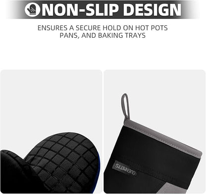 Mini Oven Mitts, Kitchen Oven Gloves Kitchen Mittens 500 Degrees Heat Resistant Baking Gloves, Non-Slip Silicone Surface with Hanging Loops Hot Gloves for Cooking, Baking, BBQ 1 Pair-Black