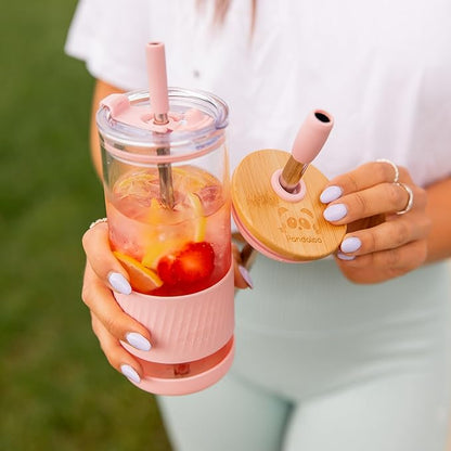 Pandaloo® Glass Cups With Lids and Straws -20 Fl Oz- Perfect Size Iced Coffee Cup - Smoothie Cup With Bamboo Lid and On the go Lid - Glass Tumbler With Straw (1 Count (Pack of 1), Black Saphir)