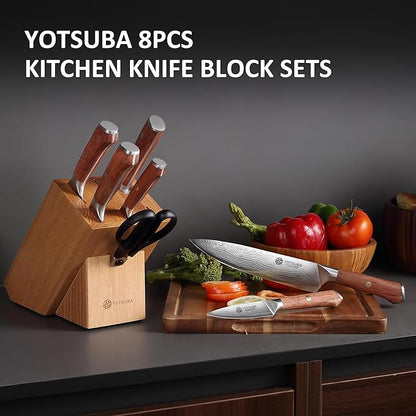 YOTSUBA 8PCS Kitchen Knife Set with Scissors & Sharpener, Ultra Sharp High Carbon Stainless Steel Kitchen Utensils Set with Elegant Rosewood Handle Ergonomic Design, Natural Acacia Block with Gift Box