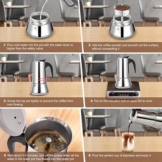 9 Cup Stovetop Espresso Maker Stainless Steel Moka Pot Stove Top Percolator Italian Coffee Makers Capable Mocha Greca Machine Cafe Classic Induction Cookers for Home and Camping 450ml 15oz