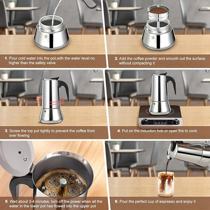 2 Cup Stovetop Espresso Maker Stainless Steel Moka Pot Stove Top Percolator Italian Coffee Makers Capable Mocha Greca Machine Cafe Classic Induction Cookers for Home and Camping 100ml 3.3oz