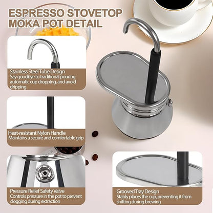 Uncoated 4 Cup Single Tube Moka Pot 304 Thickened Stainless Steel Mini Coffee Maker Stovetop Espresso Coffeemaker Italian Classic Style Brewing Greca Cafe Mocha Machine for Camping Travel Home 310ml