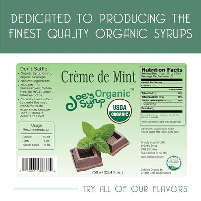 Joe’s Syrup Organic Flavored Syrup, Organic Crème de Mint, 750 ml (3 Pack)