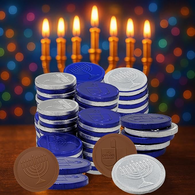 The Dreidel Company Blue & Silver Hanukkah Milk Chocolate Coins, Hanukkah Design Gelt, Gluten Free, Non GMO, Kosher Certified OU-D (200-Pack)