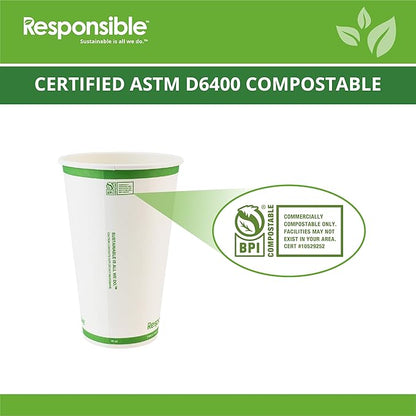Certified Compostable 16 oz Paper Cups, Cold ＆ Hot Coffee Cups, Disposable Paper Cups, Extra Strength Disposable Cups, Made without PFAS (50 count)