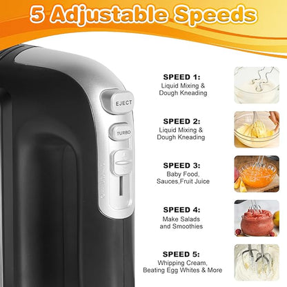 5-Speed 400W Hand Mixer Electric Handheld - Ultra-Powerful Handheld Mixer with Turbo Function & Eject Button, 5 Stainless Steel Attachments for Dough, Cream, Batter, Eggs & Baking