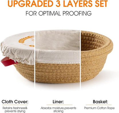 Cotton Rope Banneton Bread Proofing Basket Set - Includes handmade oval and round bread baskets with liners and covers. Ideal for sourdough bread baking supplies and starters