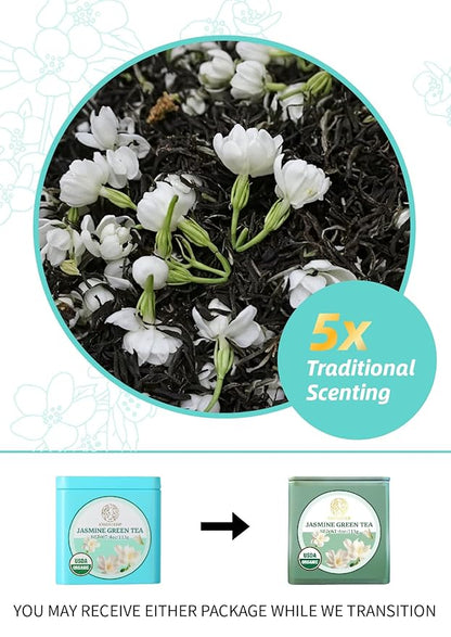 Essencesip Organic Jasmine Green Tea Loose Leaf, 4oz Tin – Scented 5x with 6,000 Fresh Jasmine Blossoms, Low Caffeine, Antioxidant-Rich
