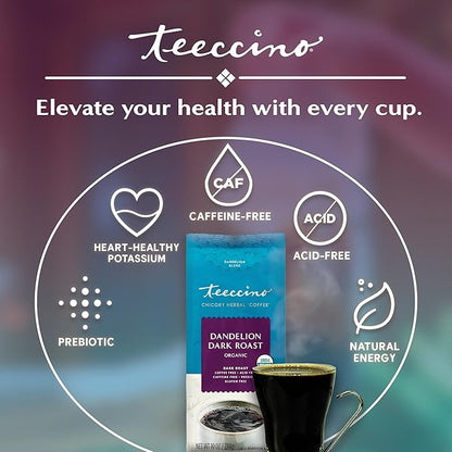 Teeccino Dandelion Dark Roast Herbal Coffee - Caffeine-Free Coffee Alternative with Prebiotics, Gluten Free, Acid Free, Organic - 10 oz (Pack of 3)