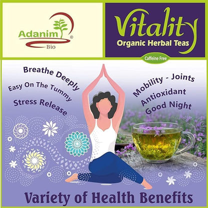 Adanim Bio Vitality Organic Tea Sampler Gift Set Box (8 Flavors Herbal Tea Variety Pack, 64 Individual Tea Bags) Caffeine Free Tea Sets, Assorted Tea Set, Tea Gifts for Tea Lovers