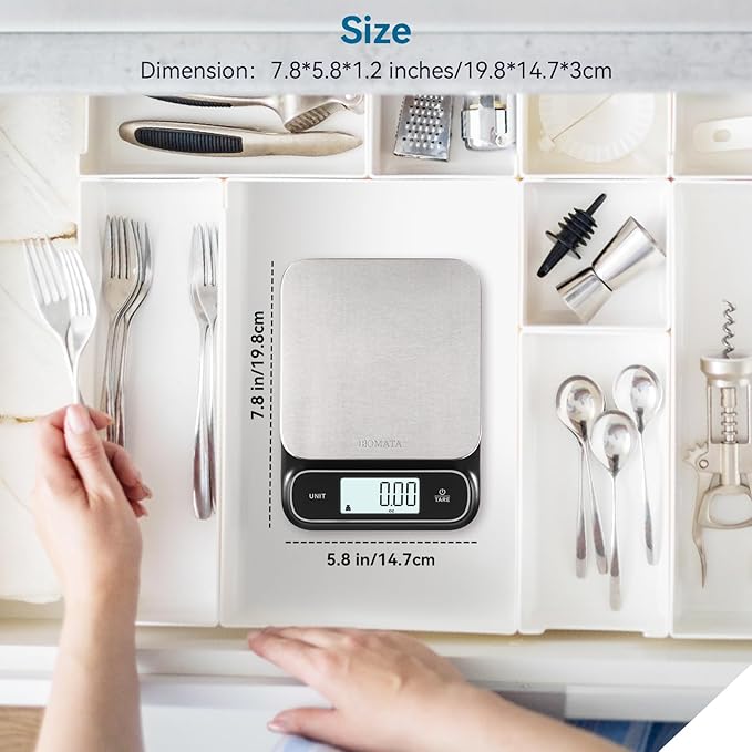 BOMATA Waterproof IPX6 Kitchen Scale, 0.1 g/0.01 oz High Precision, 5 kg/11 lbs, Digital Scale with Backlight, Stainless Steel Weighing Platform, for Food, Cooking, Baking, Weight Loss.. B619, Black