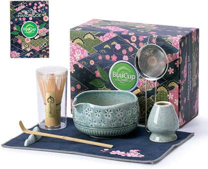 Matcha Whisk Set, Ceramic Matcha Set Includes Matcha Bowl, Matcha Whisk and Holder, Bamboo Scoop, Scoop Rest, Sifter and Tea Towel - 7 Pcs Matcha Kit for Matcha Lovers (Blue)